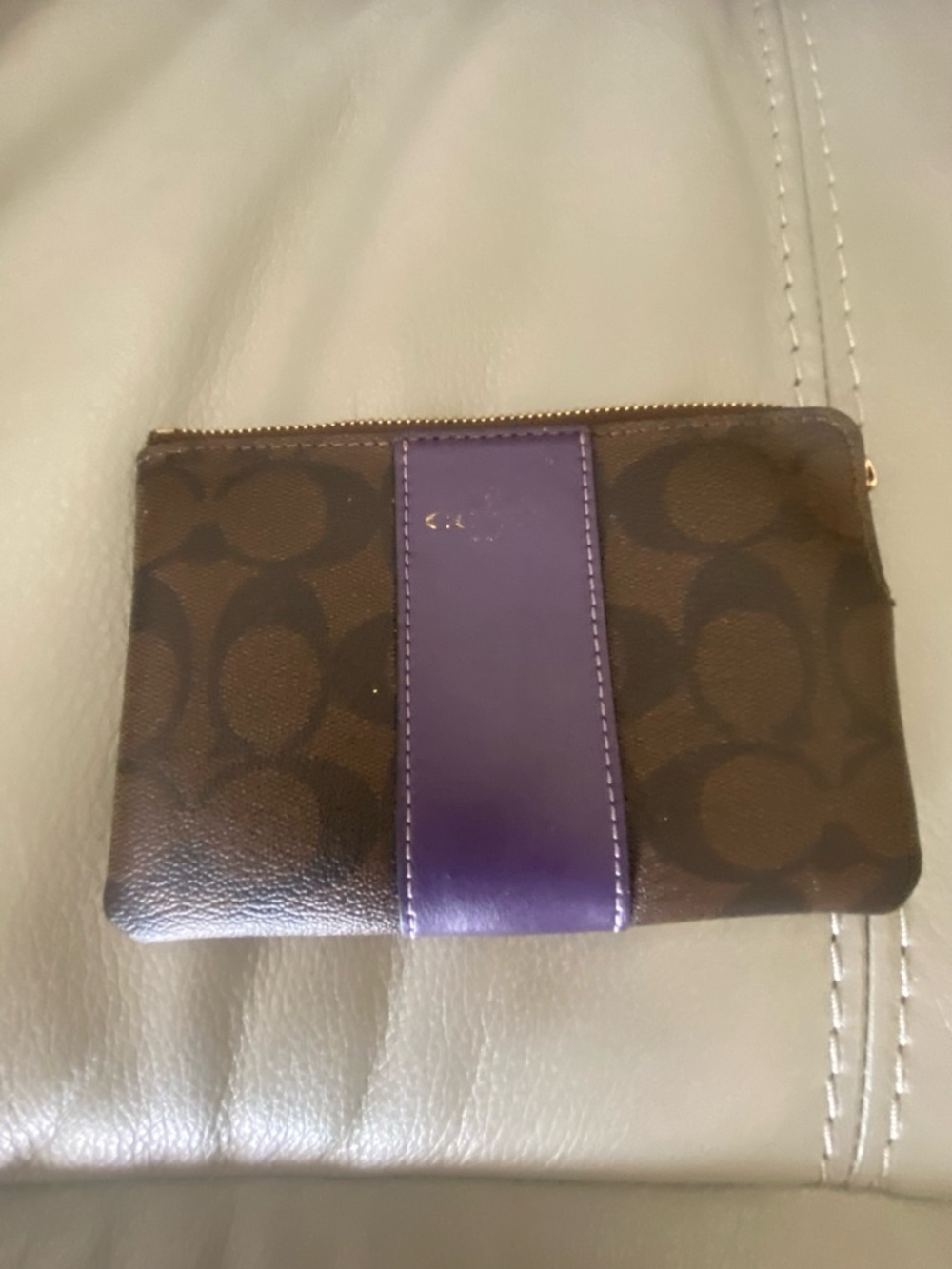 Coach Brown Signature Canvas Zip Wallet with Gold Zipper